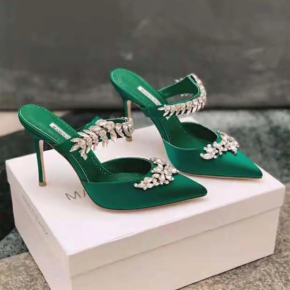 Manolo Blahnik Green Satin Crystal Embellished Mules for Women Manolo Blahnik Green Satin Crystal Embellished Mules for Women
