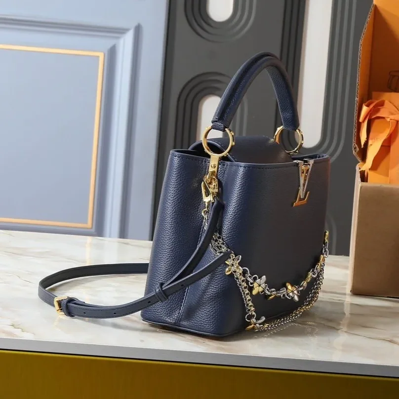 Louis Vuitton Capucines MM Top Handle Bag / Navy Blue Silver/ Gold Hardware