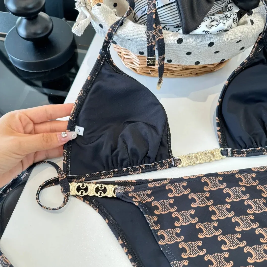 Celine Triomphe Monogram Triangle Bikini Black in Gold Celine Triomphe Monogram Triangle Bikini Black in Gold