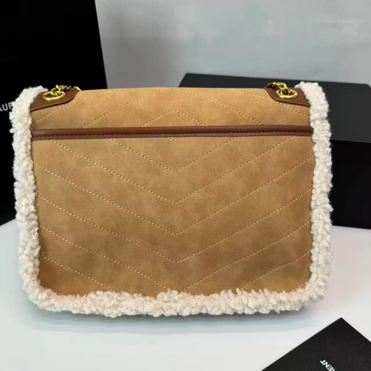Saint Laurent Taupe Shearling Medium Niki Bag Brown
