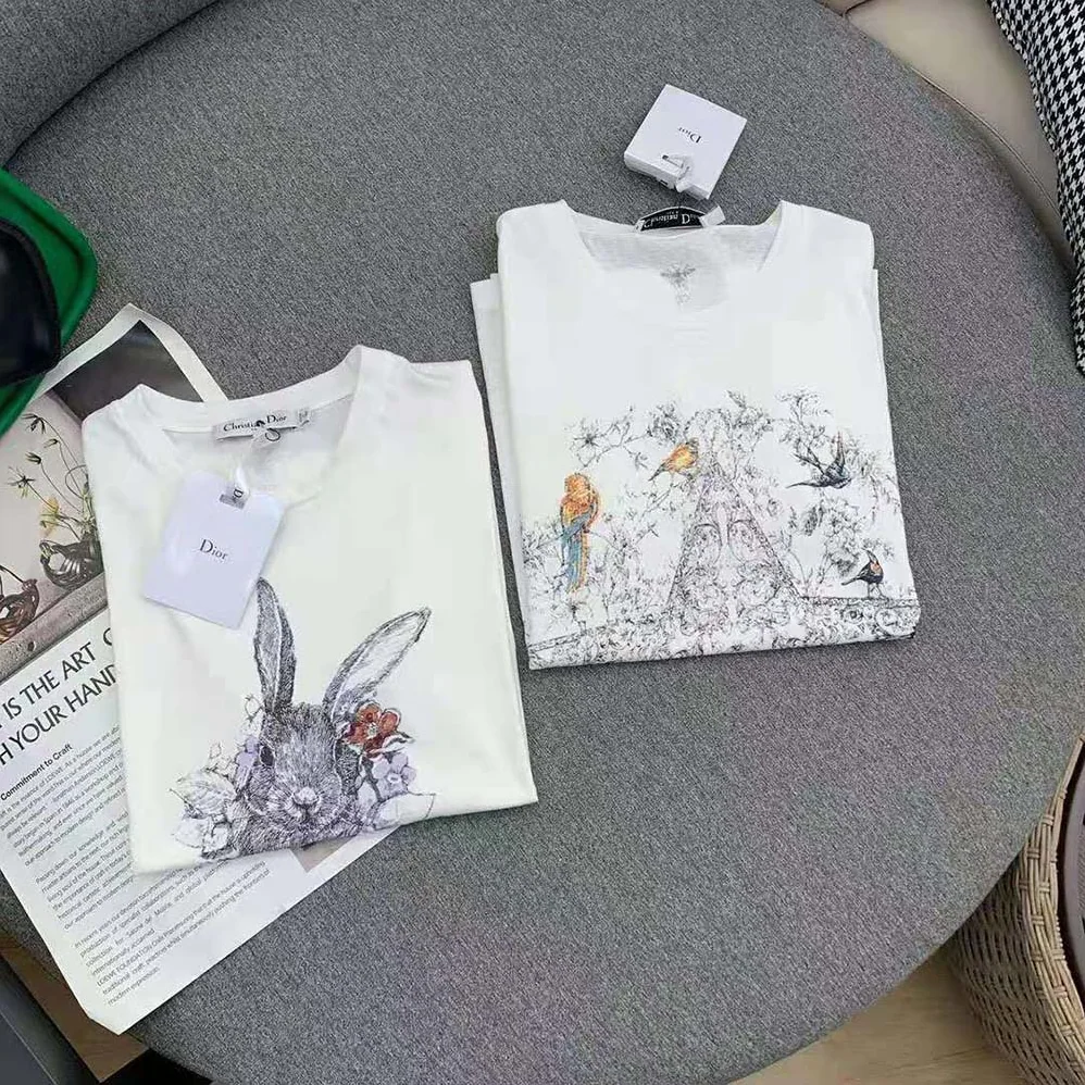 Dior T-shirt Ecru Cotton Jersey and Linen with Dior Jardin Magique Motif for Women