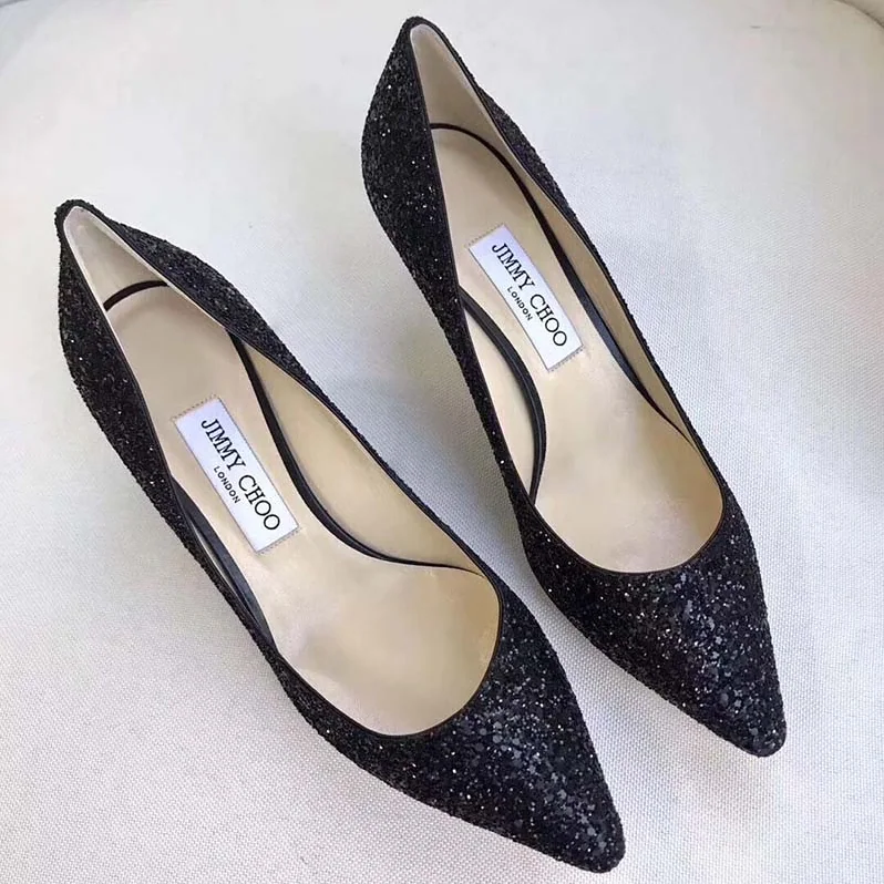 Jimmy Choo Romy 85 Coarse Glitter Fabric Pointy Toe Pumps Shoes for Women in Black