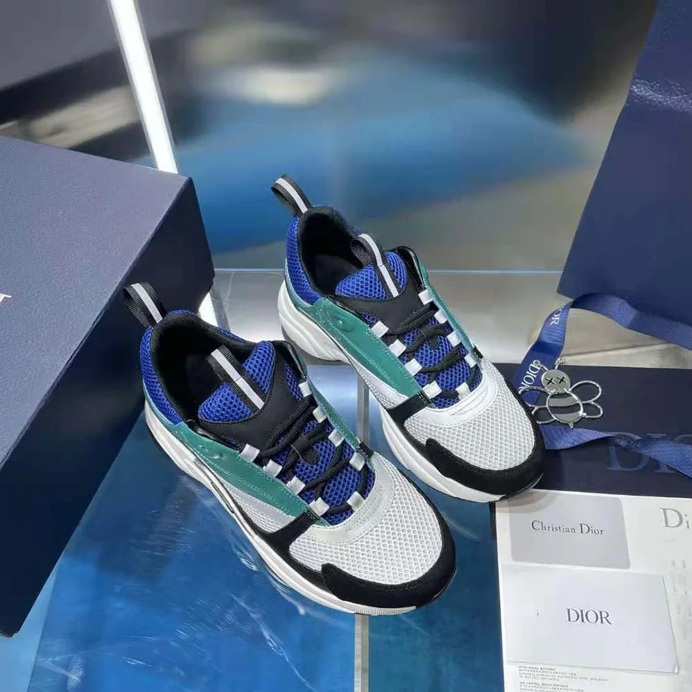 Dior B22 Sneaker White and Blue Technical Mesh with Deep Green and Black Smooth Calfskin for Men