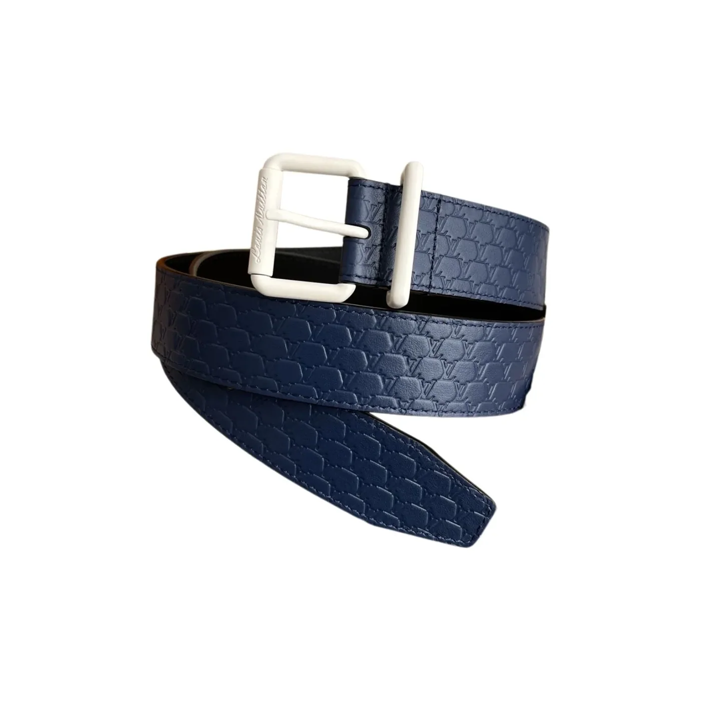 Louis Vuitton LV Initiales Embossed Belt Navy Blue With Matte White Buckle Louis Vuitton LV Initiales Embossed Belt Navy Blue With Matte White Buckle