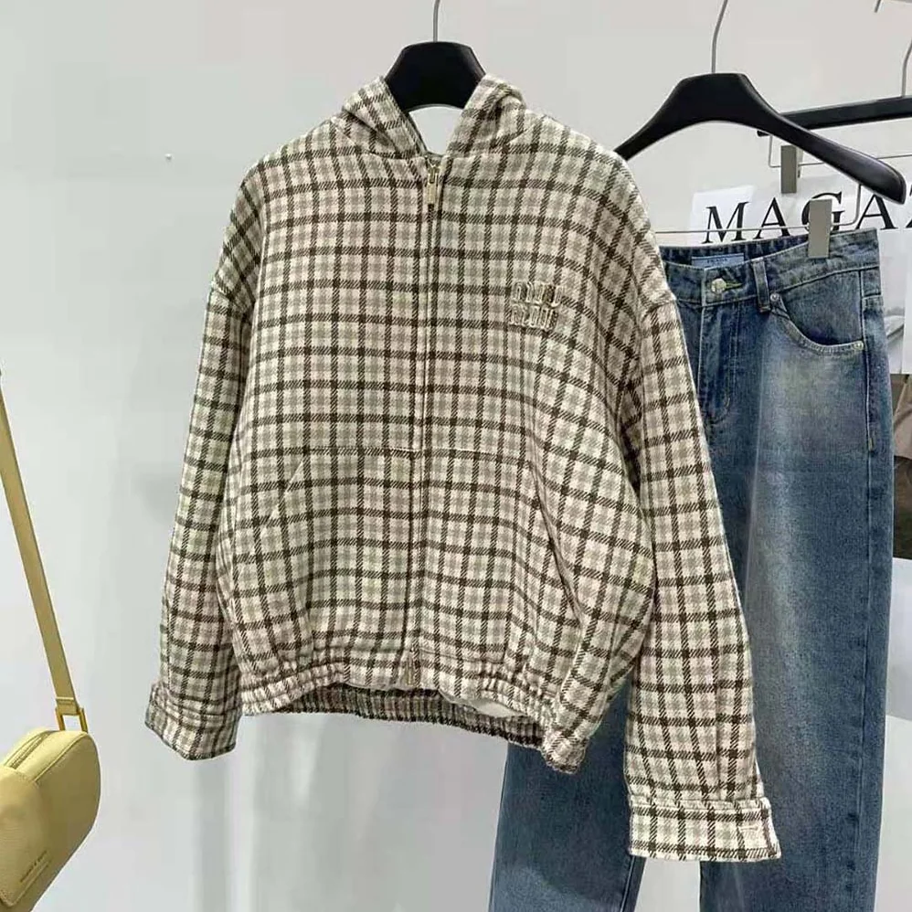 Miu Miu Check Blouson Jacket with Embroidered Logo for Women Miu Miu Check Blouson Jacket with Embroidered Logo for Women