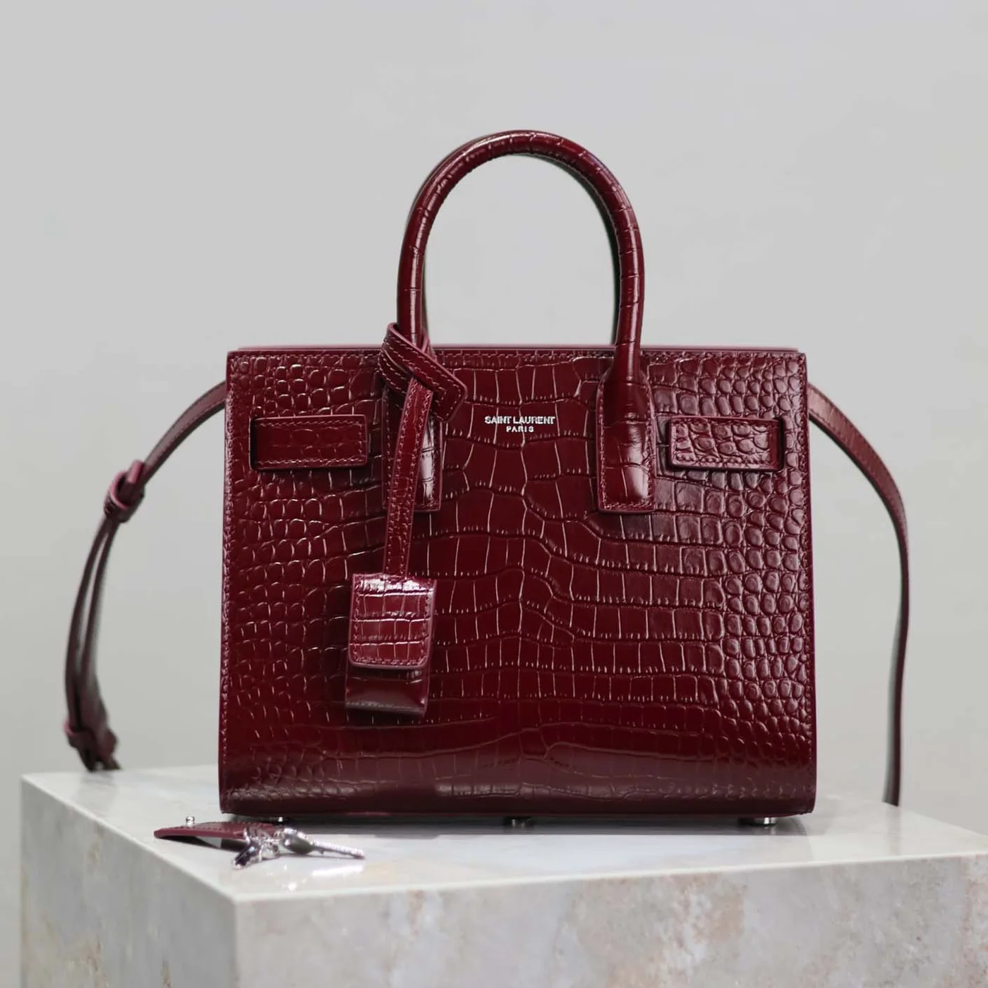 Saint Laurent YSL Sac De Jour in Crocodile Embossed Leather Nano for Women in Maroon Saint Laurent YSL Sac De Jour in Crocodile Embossed Leather Nano for Women in Maroon