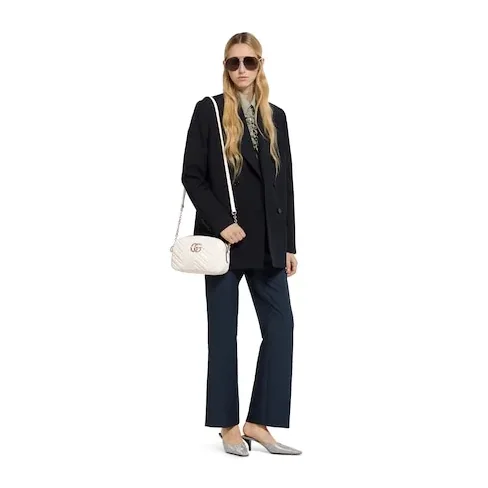 Gucci Marmont Camera Small Shoulder Bag in White Gold Hardware