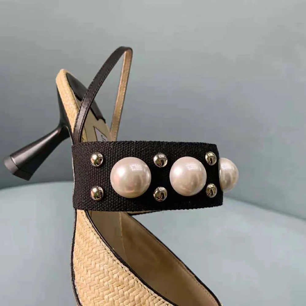 Jimmy Choo Breslin 100 Natural Raffia Slingbacks with Pearl and Stud Embellishment for Women