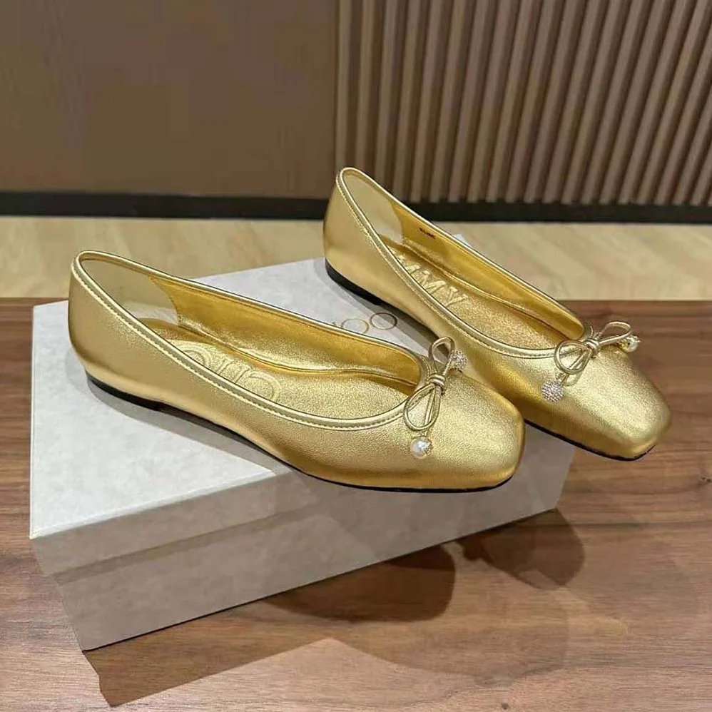 Jimmy Choo Elme Flat Gold Metallic Nappa Leather Flats with Pearl Embellishment for Women Jimmy Choo Elme Flat Gold Metallic Nappa Leather Flats with Pearl Embellishment for Women