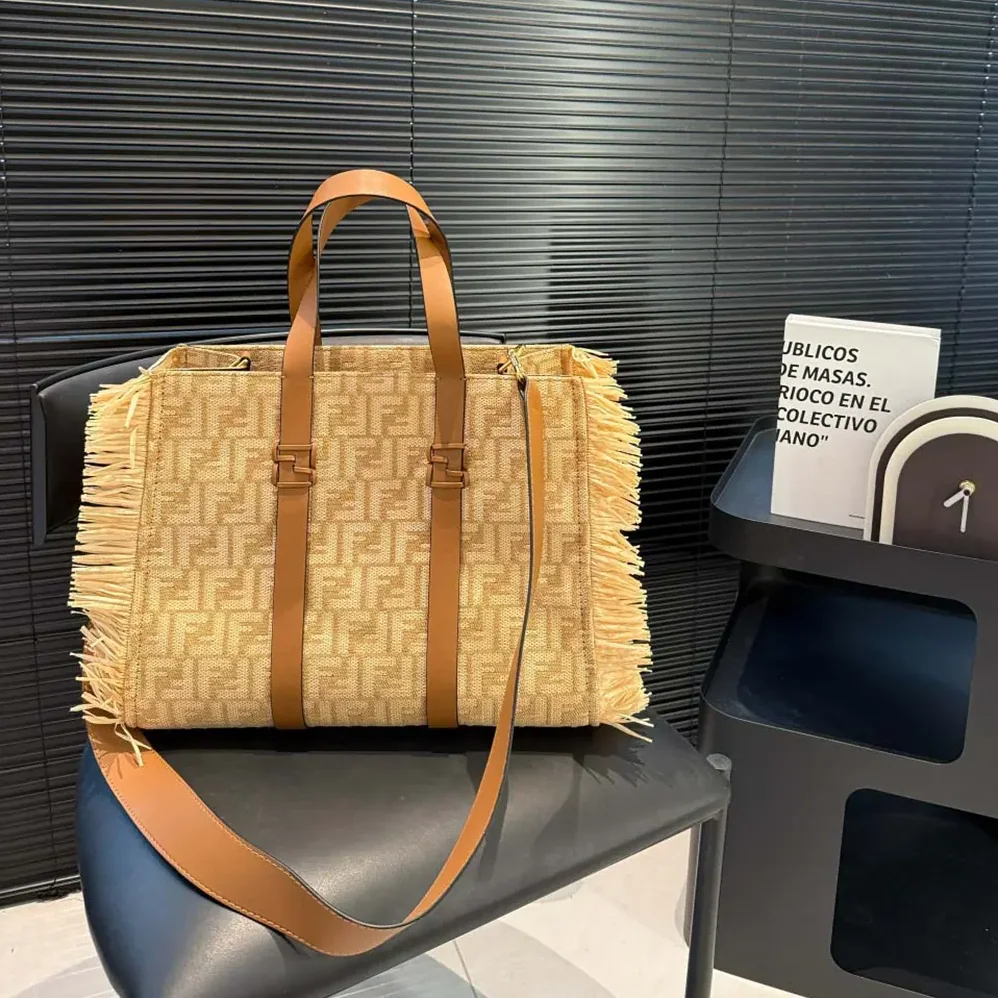 Fendi Summer Tote Jacquard Fabric Bag with Raffia FF for Women