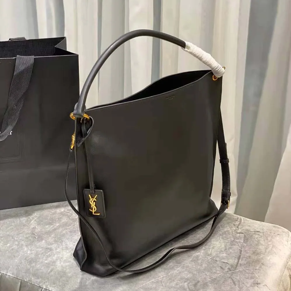 Saint Laurent YSL Tag Hobo Bag in Smooth Saddle Leather for Women in Black