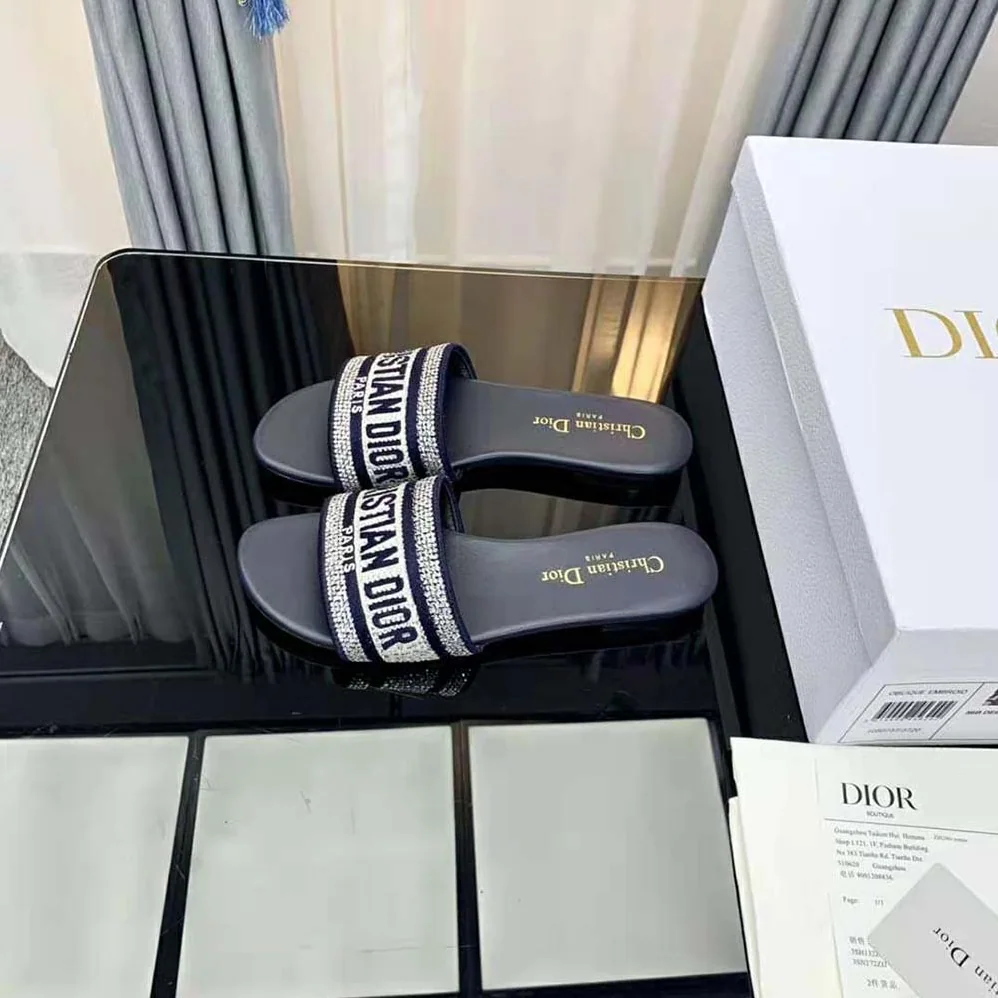 Dior Dway Slide Black Cotton Embroidery with Metallic Thread and Silver for Women in Tone Strass