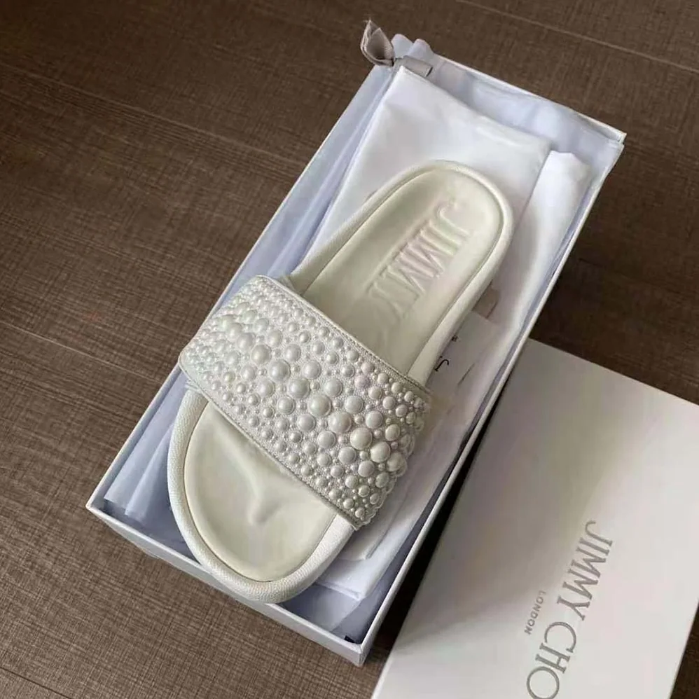 Jimmy Choo Fitz/F White Canvas and Leather Pool Slides with Pearls for Women Jimmy Choo Fitz/F White Canvas and Leather Pool Slides with Pearls for Women