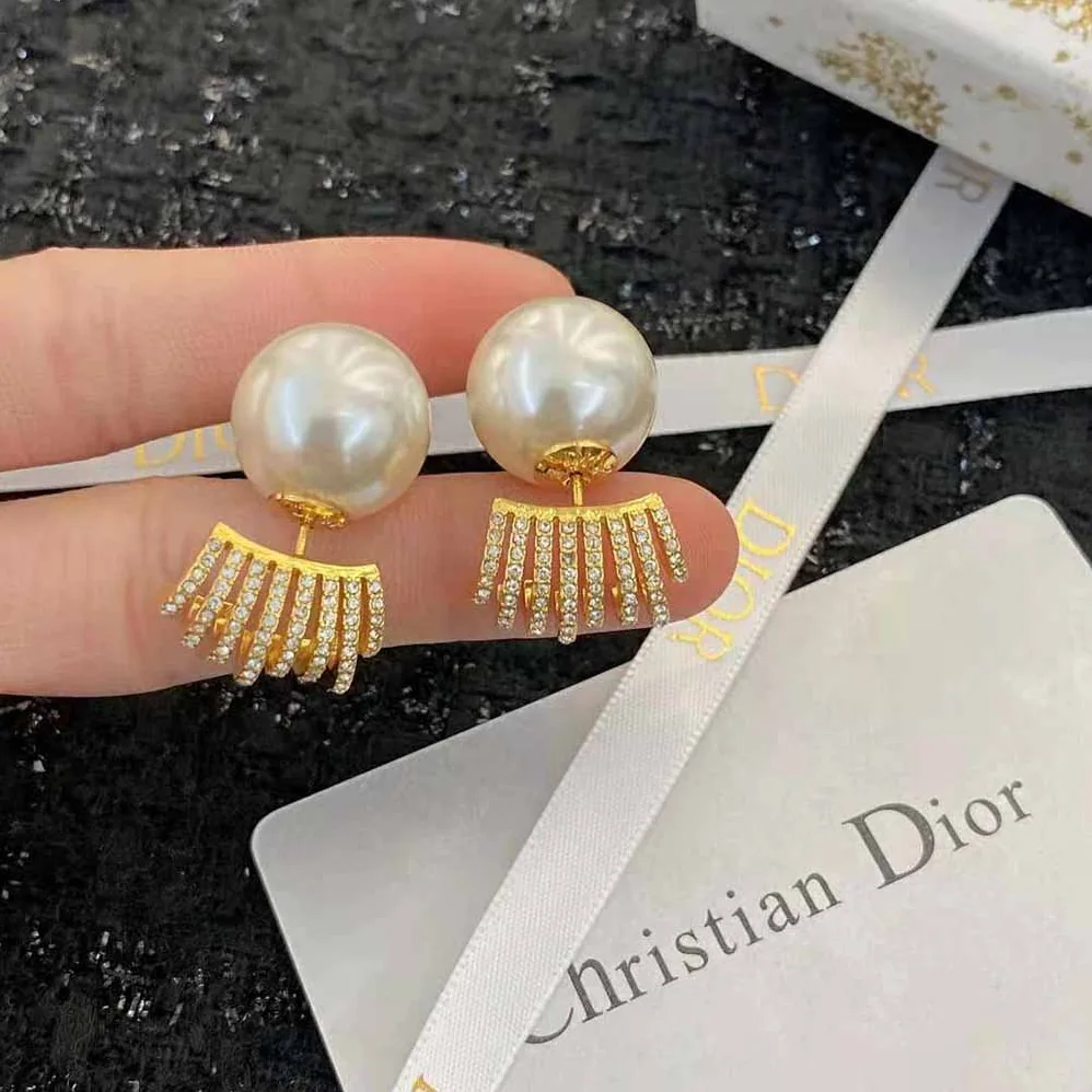 Dior Tribales Earrings Gold-Finish Metal with White Resin Pearls and White Crystals for Women Dior Tribales Earrings Gold-Finish Metal with White Resin Pearls and White Crystals for Women