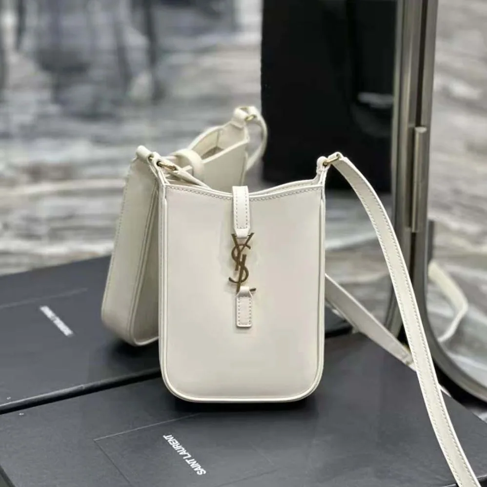 Saint Laurent YSL Le 5 à 7 Mini Vertical in Shiny Leather for Women in White Saint Laurent YSL Le 5 à 7 Mini Vertical in Shiny Leather for Women in White