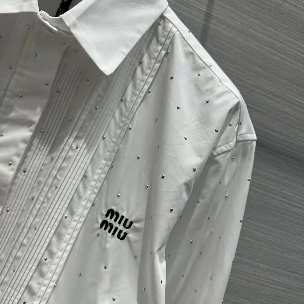 Miu Miu Poplin Shirt with Embroidered Logo for Women in White Miu Miu Poplin Shirt with Embroidered Logo for Women in White