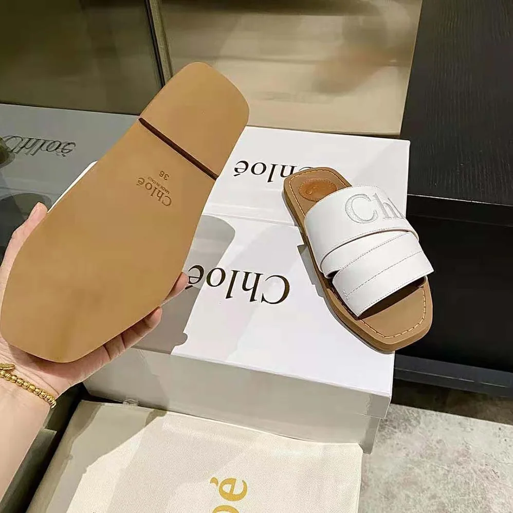 Chloe Woody Flat Mule for Women in White Chloe Woody Flat Mule for Women in White