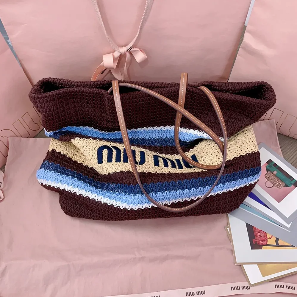 Miu Miu Raffia-Effect Woven Tote Bag for Women in Cocoa Brown/Celeste/Natural Miu Miu Raffia-Effect Woven Tote Bag for Women in Cocoa Brown/Celeste/Natural