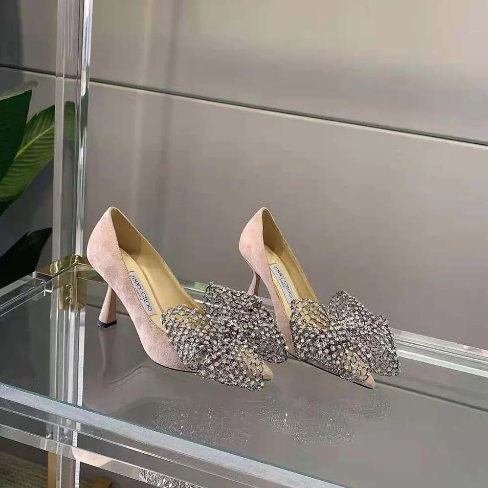 Jimmy Choo Seka 100 Ballet Pink Suede Pumps with Crystal Bow Clasp for Women