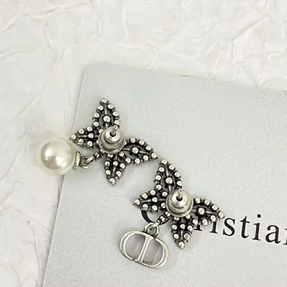 Dior Papillon De Nuit Earrings Antique Silver-Finish Metal with White Resin Pearl for Women