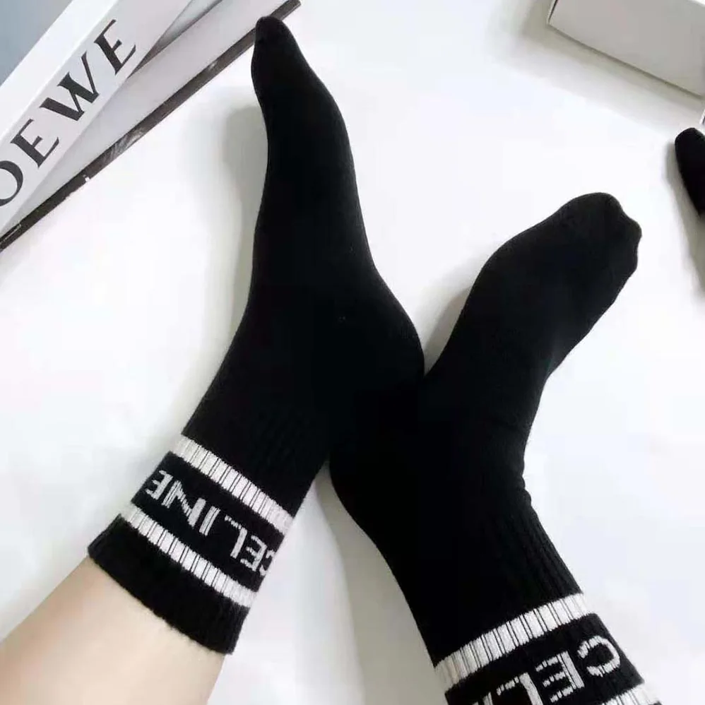Celine Socks in Striped Cotton for Women in Black