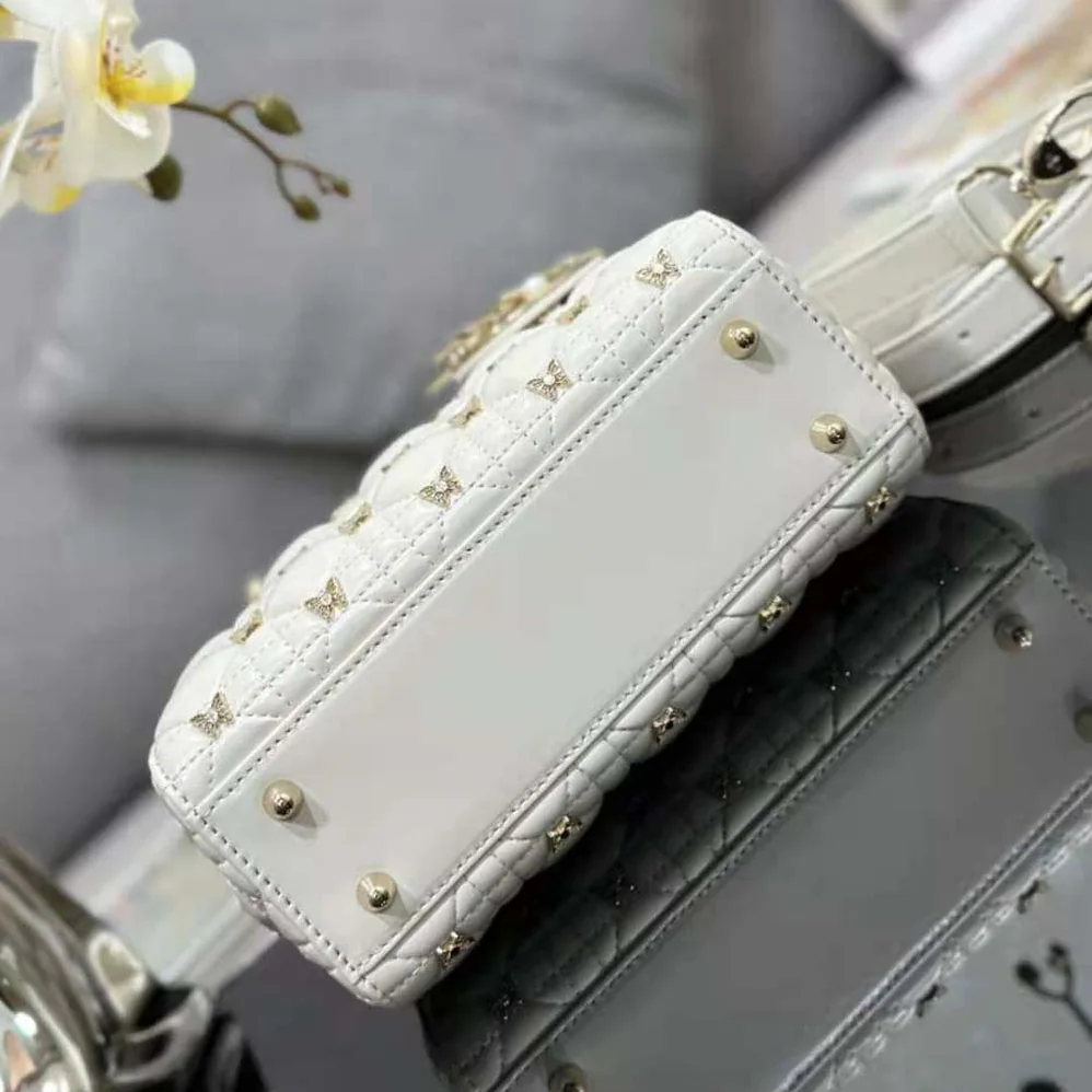 Dior Small Lady Dior Bag White Cannage Lambskin with Gold for Women in Finish Butterfly Studs Dior Small Lady Dior Bag White Cannage Lambskin with Gold for Women in Finish Butterfly Studs
