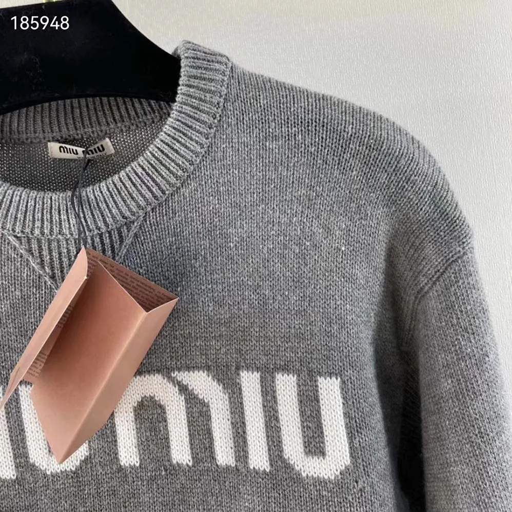 Miu Miu Cashmere Sweater with Intarsia Logo for Women in Silver Miu Miu Cashmere Sweater with Intarsia Logo for Women in Silver