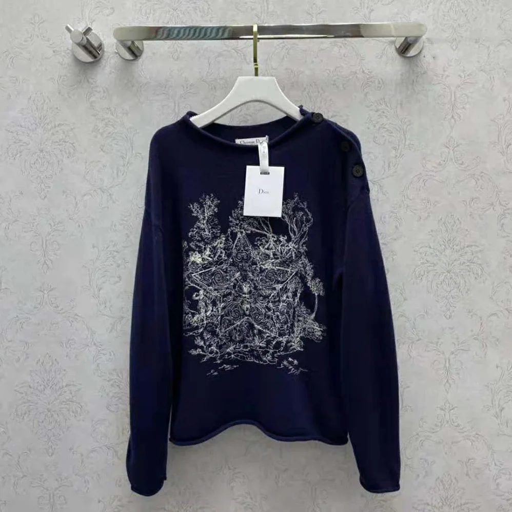 Dior Embroidered Sweater Navy Blue Cashmere Knit for Women Dior Embroidered Sweater Navy Blue Cashmere Knit for Women