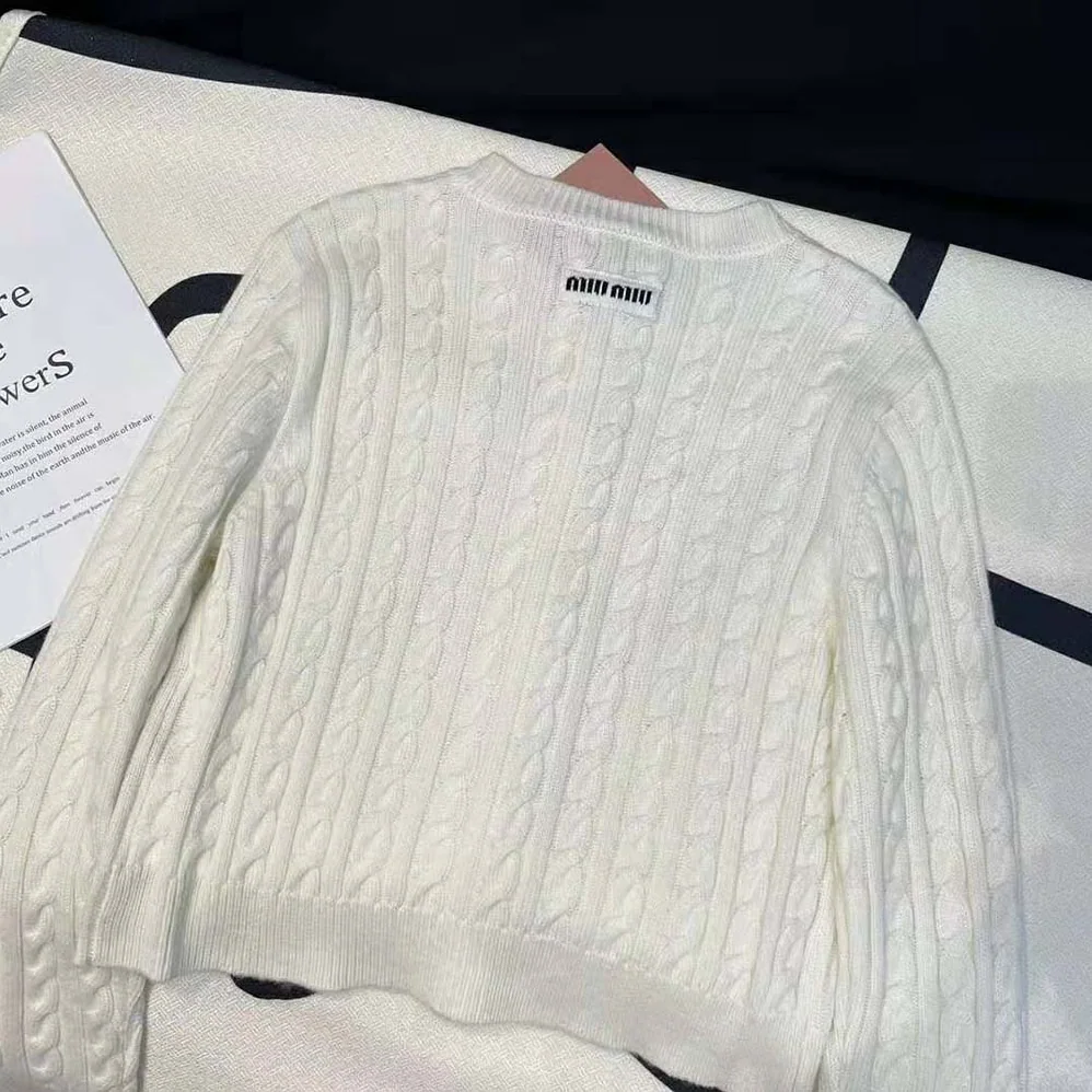 Miu Miu Cashmere Cardigan with Knit Logo Patch for Women Miu Miu Cashmere Cardigan with Knit Logo Patch for Women