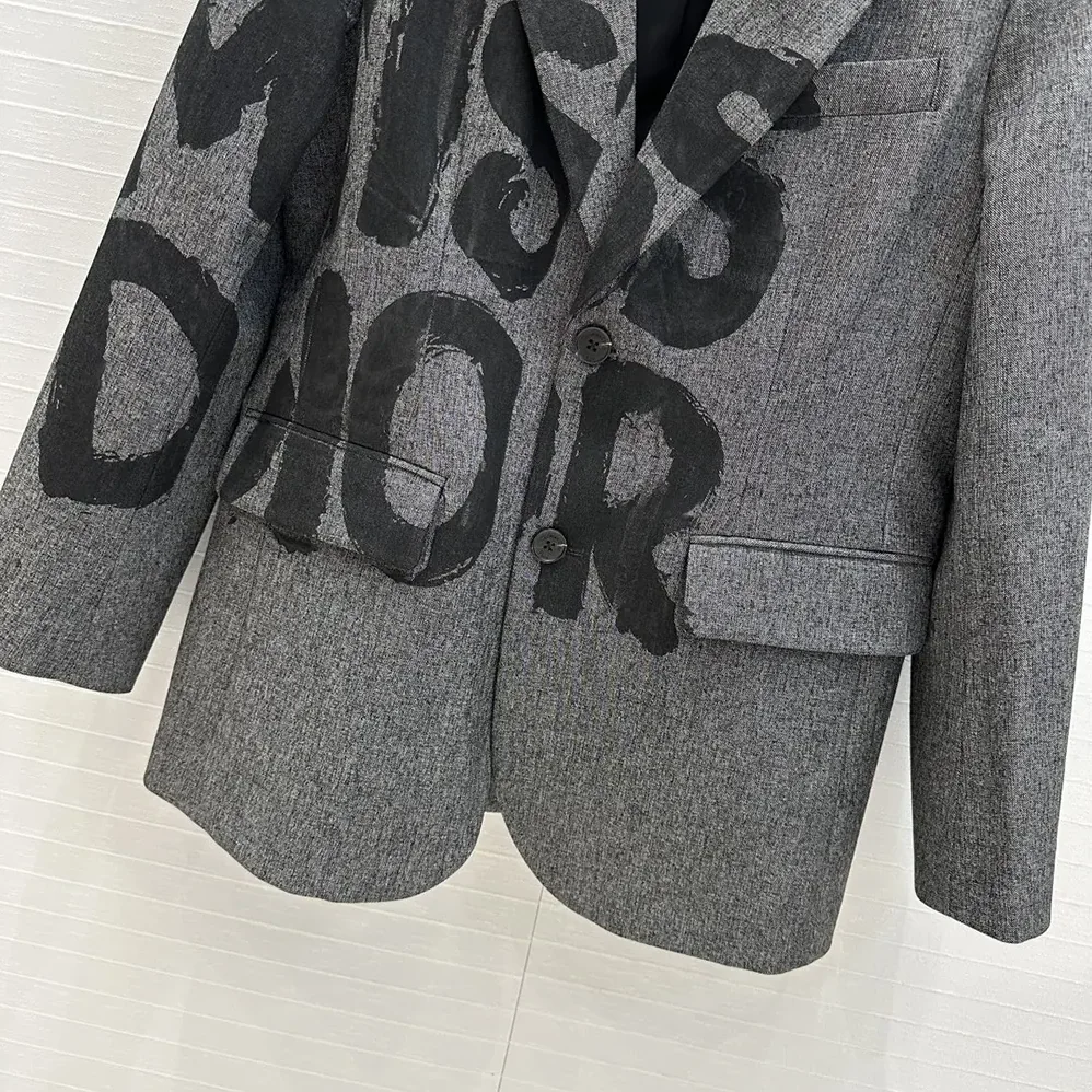 Dior Blazer Gray End-on-End Virgin Wool with Black Miss Dior Graffiti Motif for Women