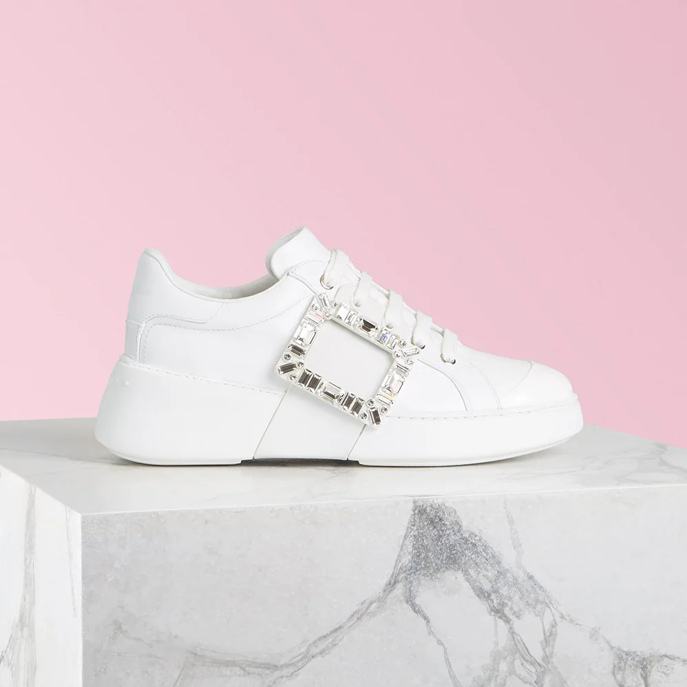 Roger Vivier Viv Skate Strass Buckle Sneakers in Soft Leather for Women in White