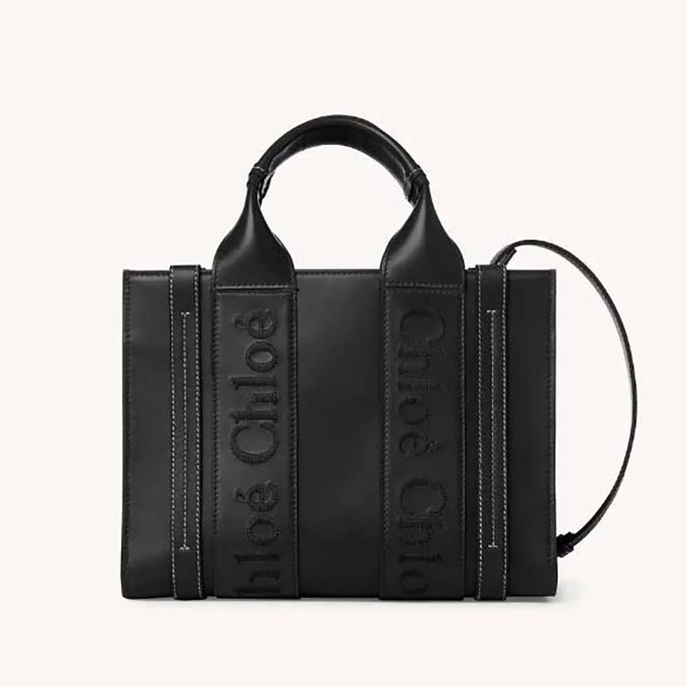 Chloe Small Woody Tote Bag with Embroidered Chloé Logo for Women in Black Chloe Small Woody Tote Bag with Embroidered Chloé Logo for Women in Black