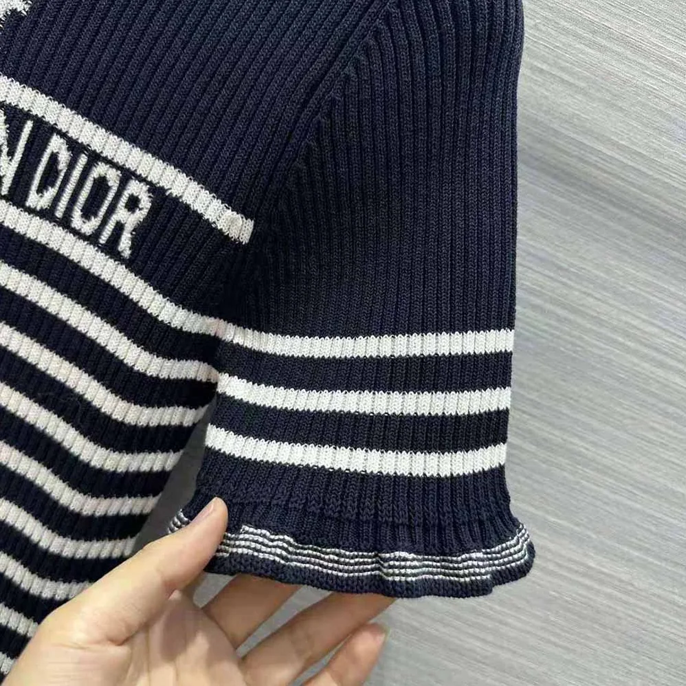 Dior Short-Sleeved Sweater Navy Blue and White Cotton Ribbed Knit with Signature for Women