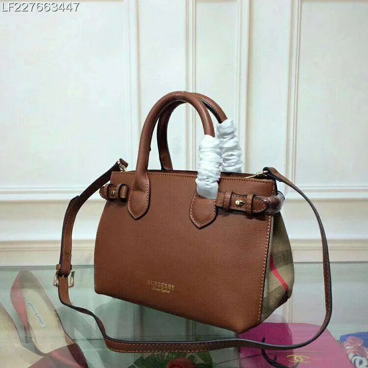 Burberry Small Banner Bag in Leather and House Check in Brown