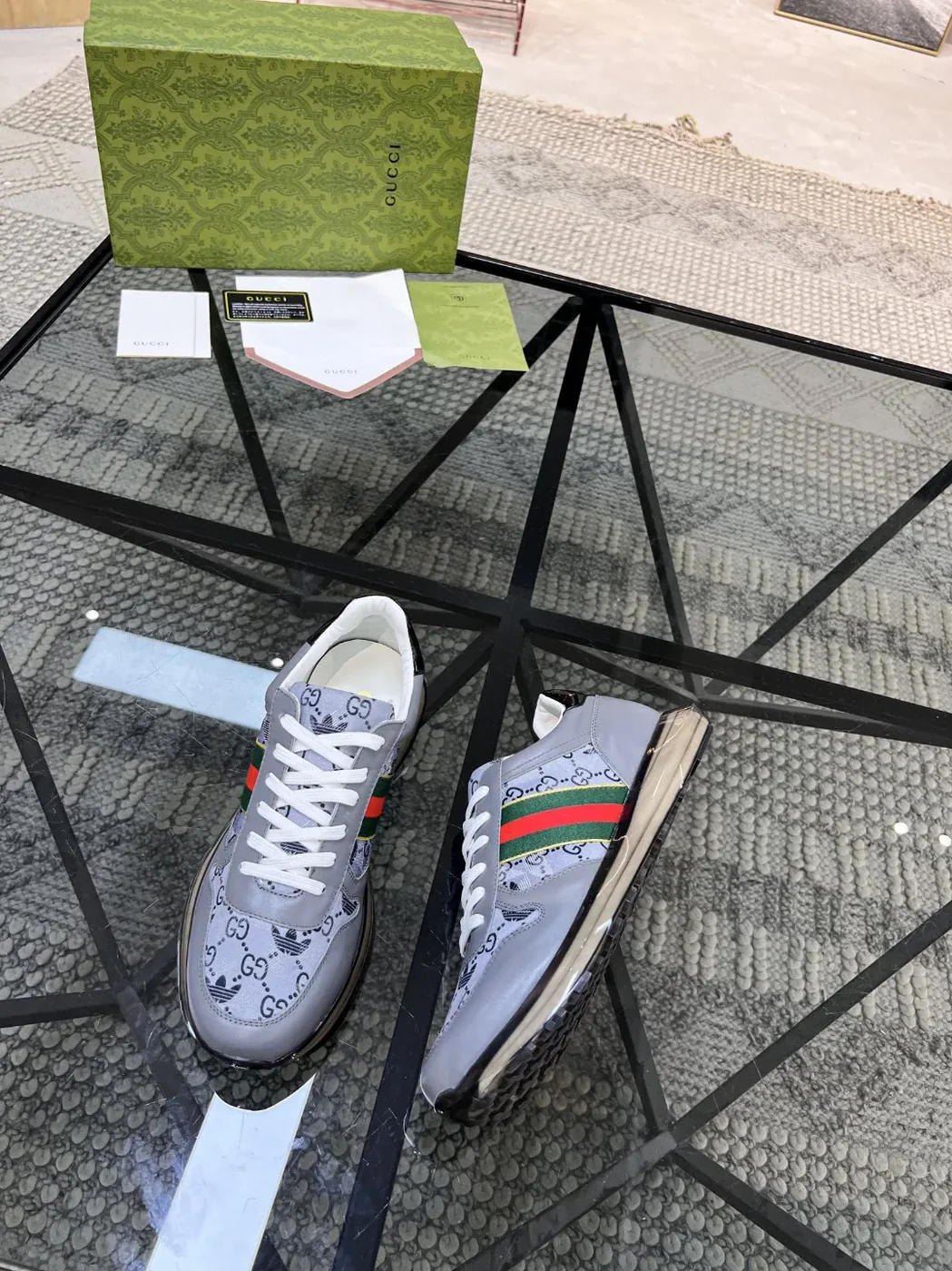 Gucci x Adidas GG Sneakers With Web Gray for Men Gucci x Adidas GG Sneakers With Web Gray for Men