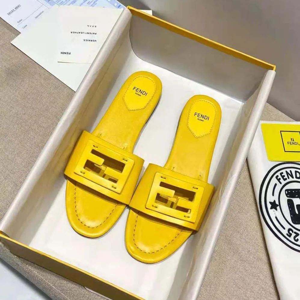 Fendi Signature Yellow Leather Slides in 0.4 inches Heel Height for Women