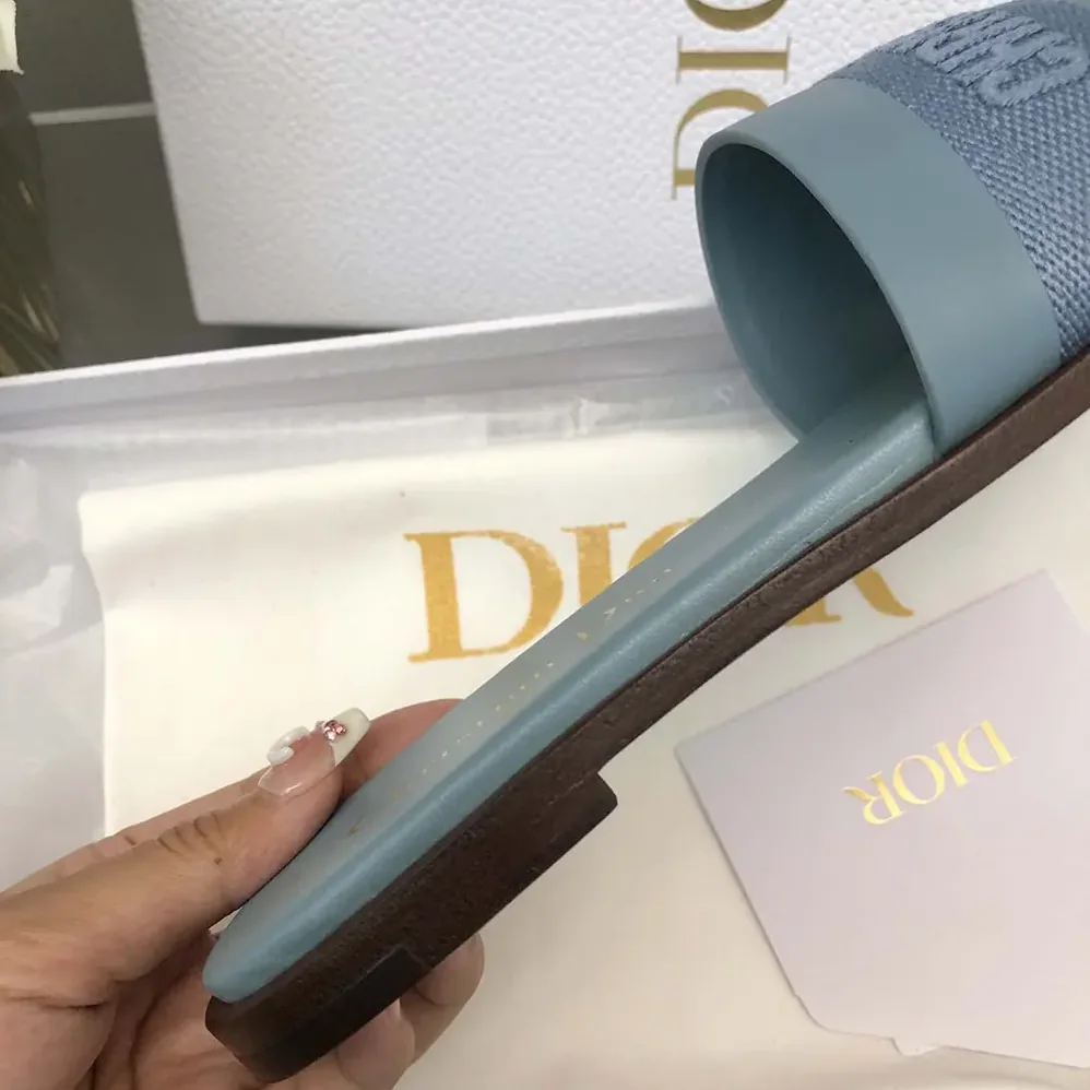 Dior Dway Slide Pastel Blue Calfskin and Embroidered Cotton for Women