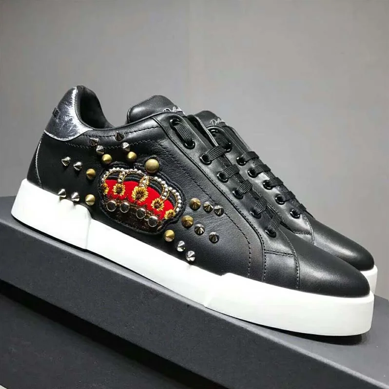 Dolce Gabbana D&G Shoes Calfskin Portofino Sneakers With Patch for Men in Black