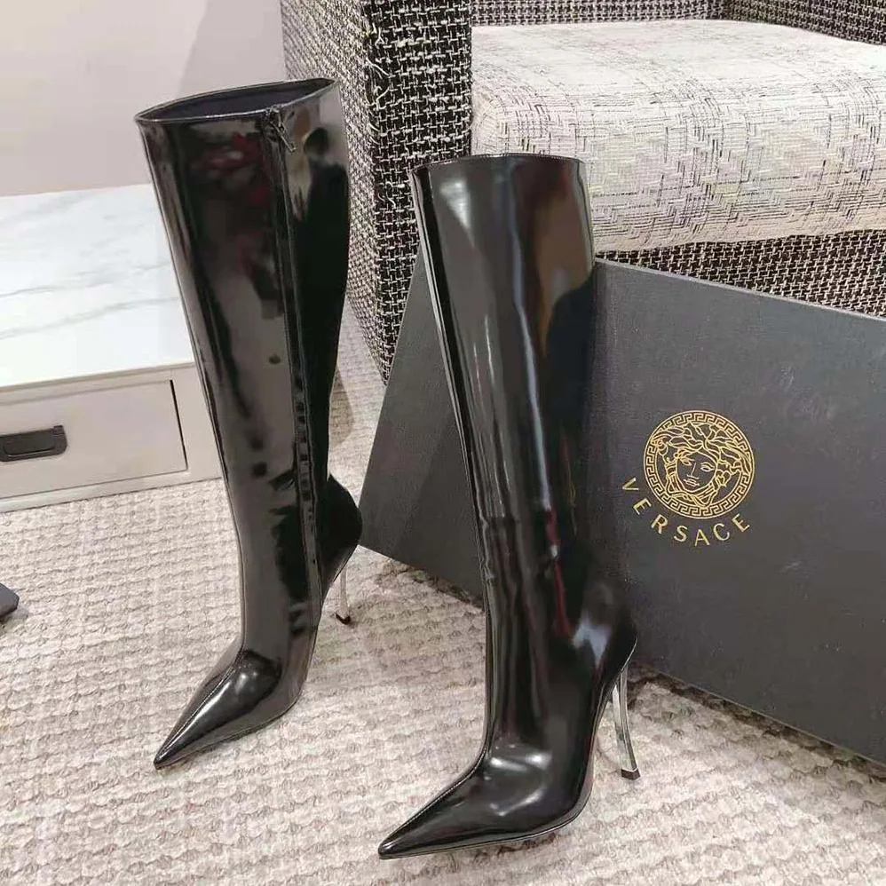 Versace Pin-point Knee-high Boots-105 mm Heel Height for Women in Black Versace Pin-point Knee-high Boots-105 mm Heel Height for Women in Black