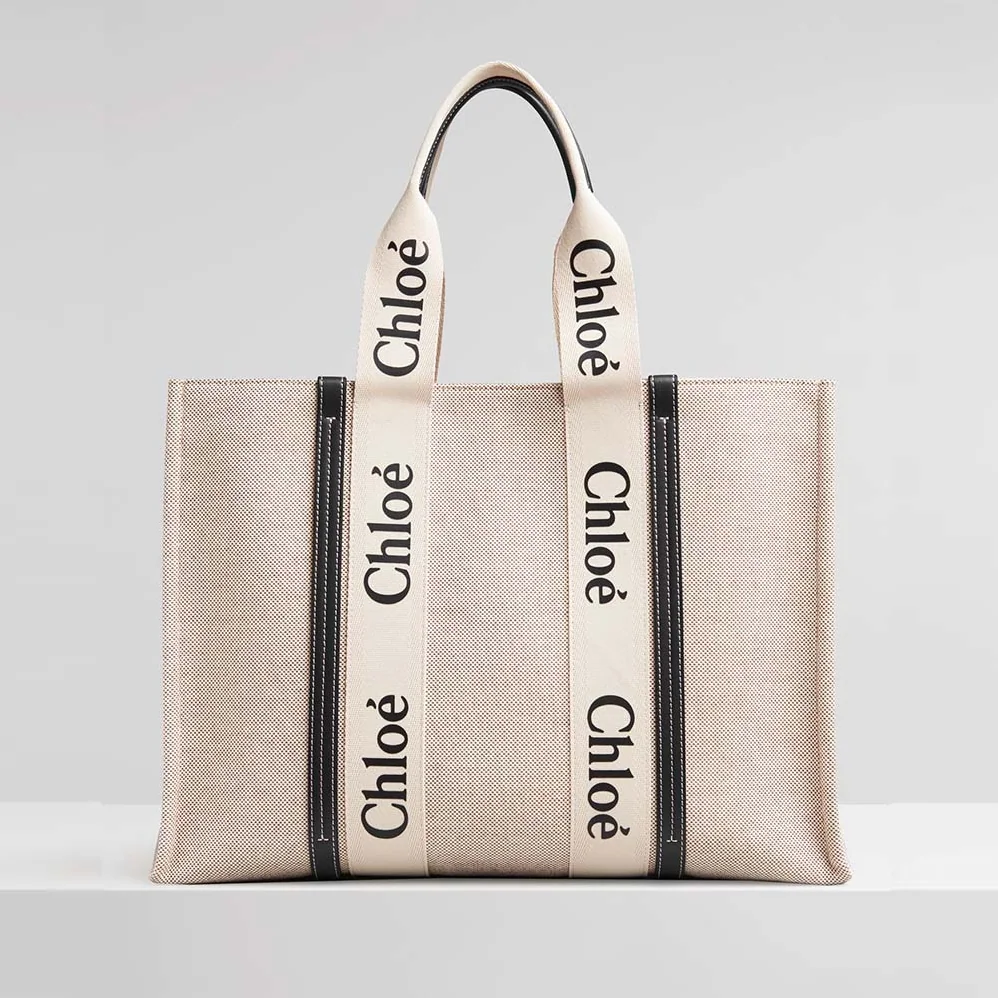 Chloe Large Woody Tote Bag in Cotton Canvas and Shiny Calfskin with Woody Ribbo for Women Chloe Large Woody Tote Bag in Cotton Canvas and Shiny Calfskin with Woody Ribbo for Women
