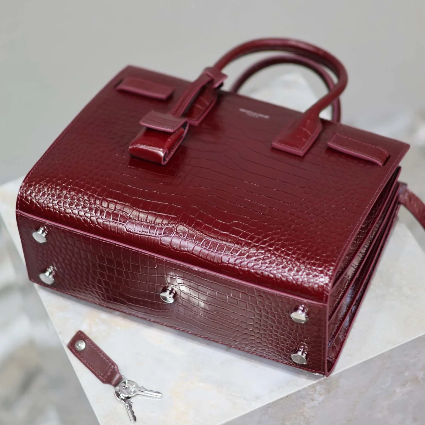 Saint Laurent YSL Sac De Jour in Embossed Crocodile Leather Baby for Women in Maroon Saint Laurent YSL Sac De Jour in Embossed Crocodile Leather Baby for Women in Maroon