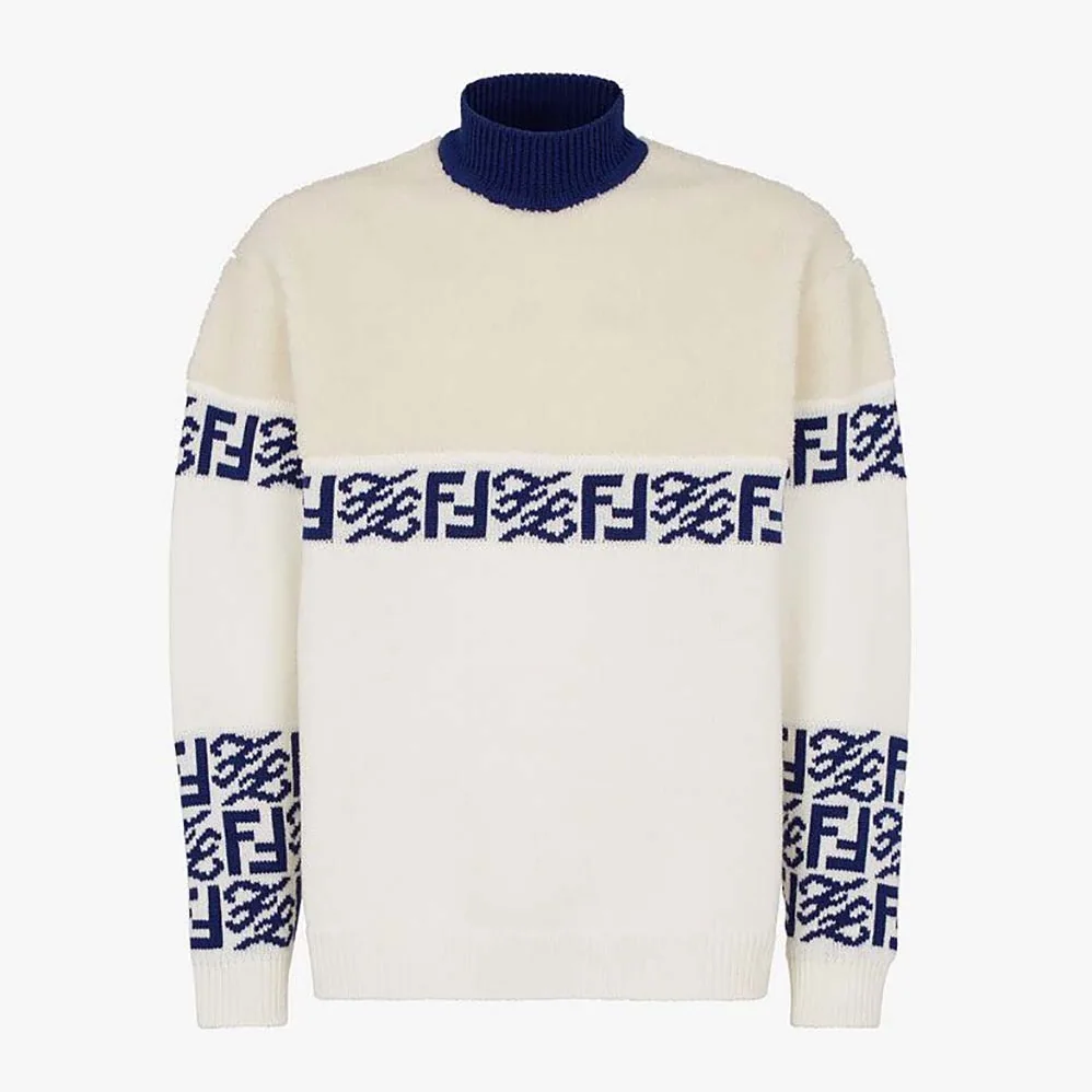 Fendi White wool Sweater with High Collar and Long Sleeves for Men