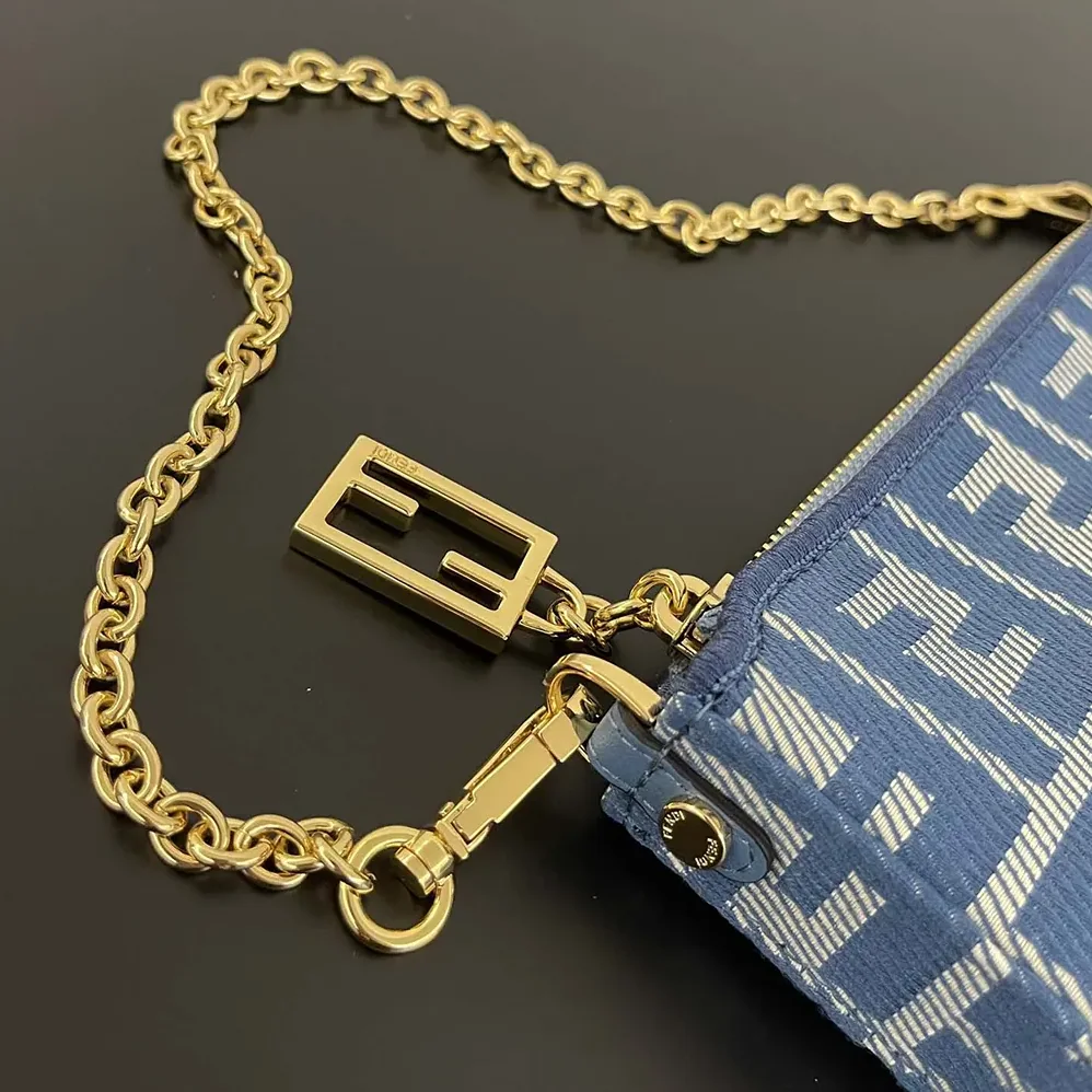 Fendi Baguette Pouch Blue Denim-effect FF Jacquard Charm Pouch with Chain for Women