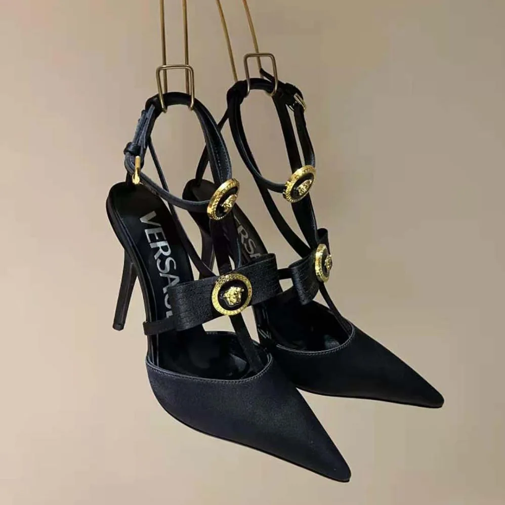 Versace Gianni Ribbon Cage Satin Pumps for Women in Black Versace Gianni Ribbon Cage Satin Pumps for Women in Black