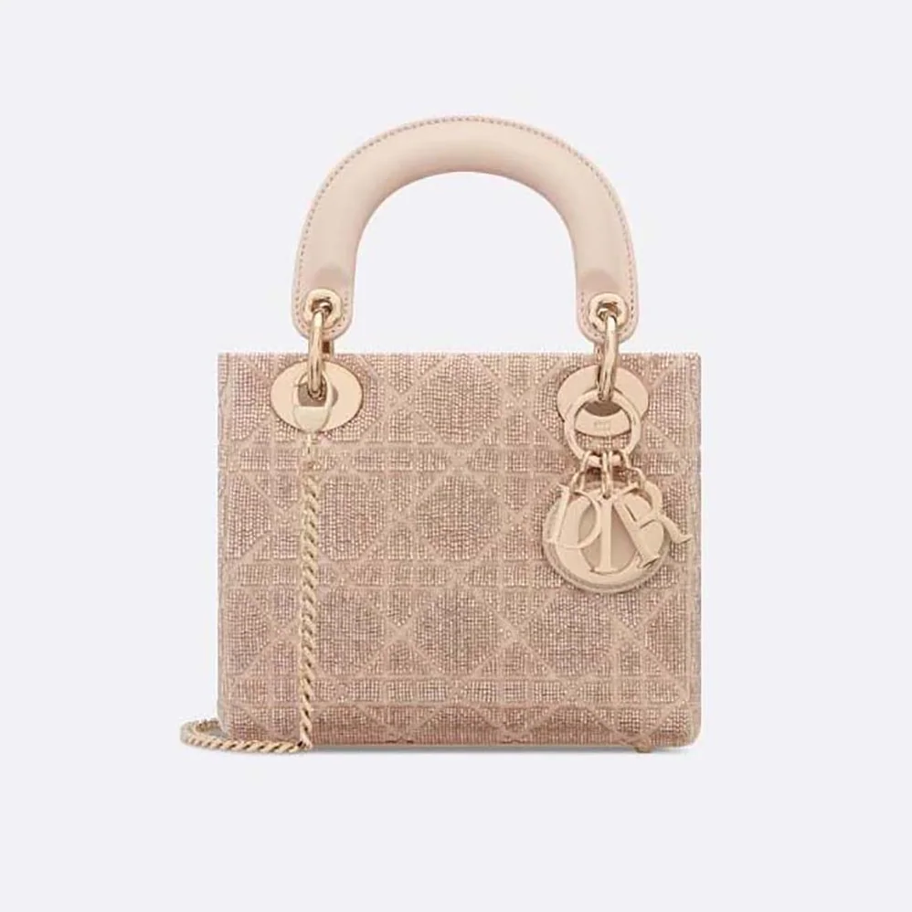 Dior Mini Lady D-joy Bag Caramel Beige Cannage Cotton Embroidered with Micropearls for Women