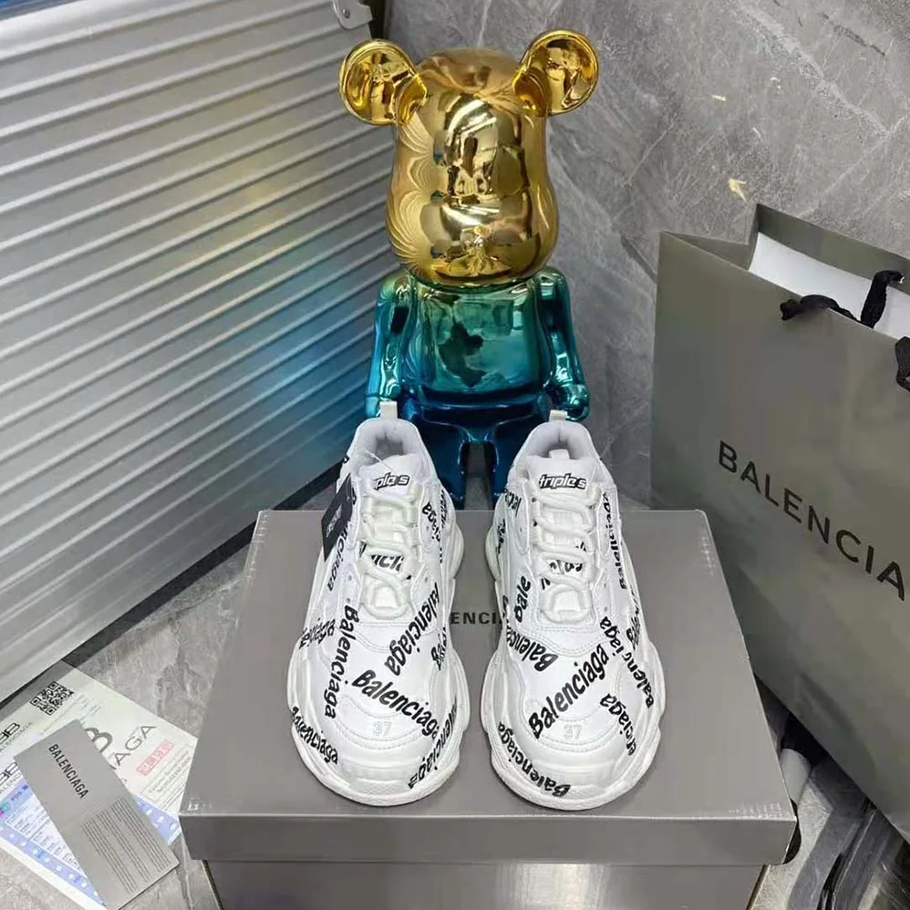 Balenciaga Triple S Logotype Sneaker in White and Black Technical Material for Women