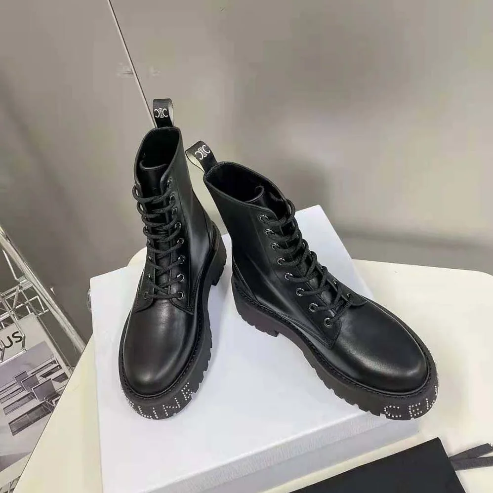 Celine Lace-up Boot with Studded Outsole Celine Bulky in Shiny Bull for Women in Black Celine Lace-up Boot with Studded Outsole Celine Bulky in Shiny Bull for Women in Black