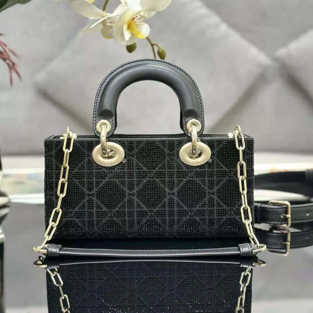 Dior Small Lady D-joy Bag Black Cannage Cotton with Micropearl Embroidery for Women