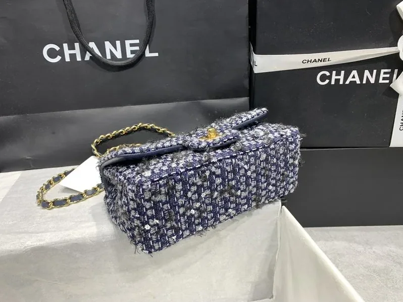 Chanel Tweed Flap Bag Mini Crossbody in Dark Blue Gold Hardware Chanel Tweed Flap Bag Mini Crossbody in Dark Blue Gold Hardware
