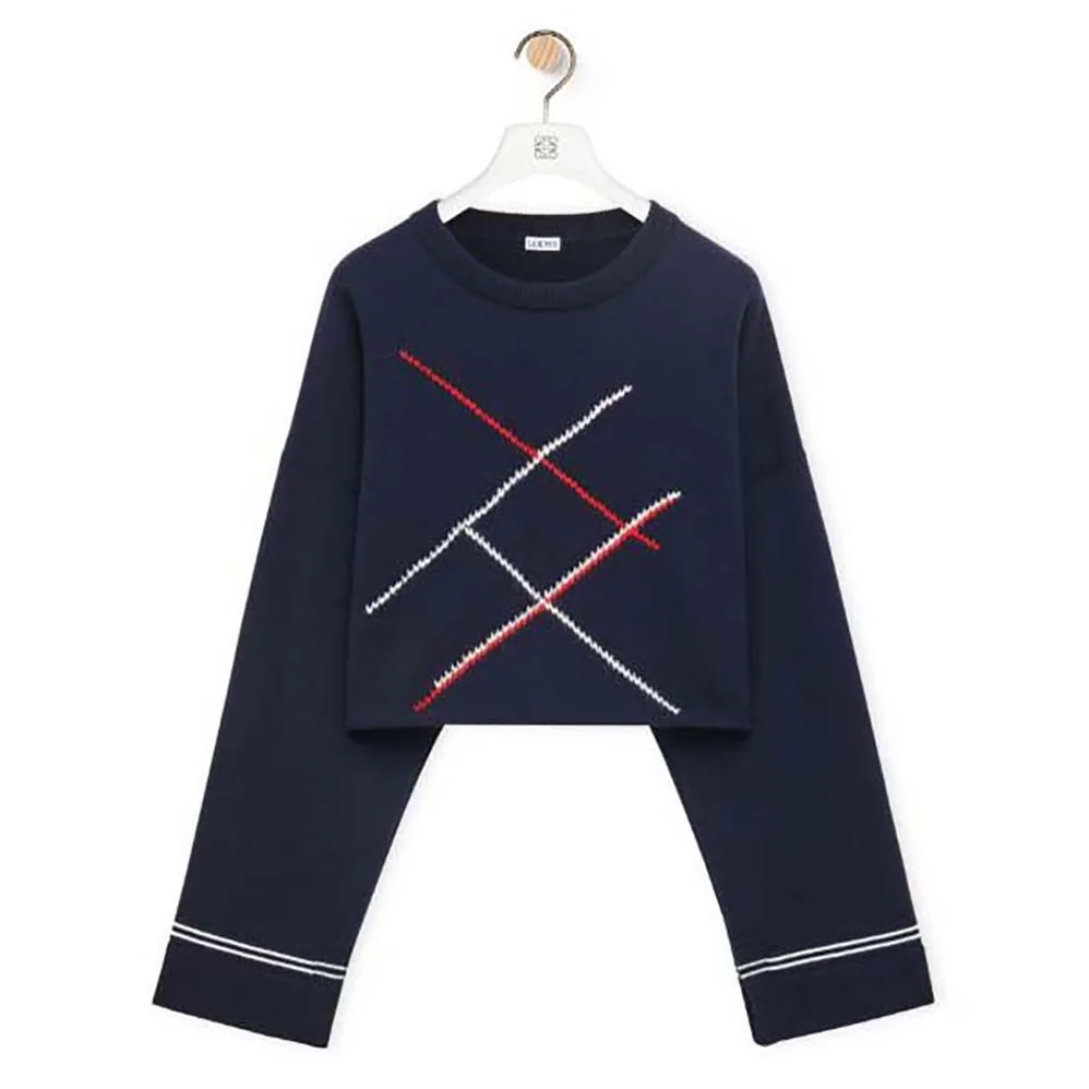 Loewe Cropped Argyle Sweater in Wool for Women in Navy Loewe Cropped Argyle Sweater in Wool for Women in Navy